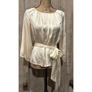 Vintage Peter Nygard 80's 90's Ivory Silk Pleated Ballon Sleeve Cinched Tie S6